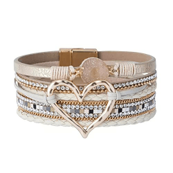 Lederarmband Damen Leder Wickelarmbänder Baum des Lebens Armband mit Magnetverschluss aus Edelstah Bracelet für Frauen & Mädchen Beige