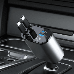 Aimtel Einziehbares Auto Ladegerät,Handy Schnellladegerät 60W,2 Typ-C-Kabel Retractable Car Charger kompatibel mit iPhone 15/15 Pro/Pro Max/Galaxy S23/S22/S21/Google Pixel/7/6/HuaWei Typ-C+Typ-C-Anschluss