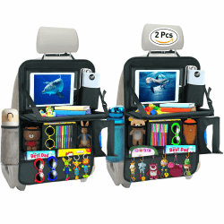 EWEIMA Auto Organizer Kinder 2 Stück, 13 Taschen, 13 Zoll iPad Tablet-Fach für Autositz Organizer, Rücksitz Organizer mit Klappbarer Tisch, Wasserdichter Rückenlehnenschutz Auto Kinder Schwarz