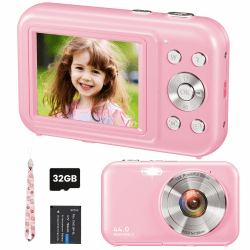 Digitalkamera Fotokamera, FHD 1080P 44MP Kinder Kompaktkamera mit 32GB Karte, Wiederaufladbare Digital Kamera mit 16X Digitalzoom, 2.4" LCD Fotoapparat für Kinder, Mädchen, Jungen, Anfänger(Rosa)