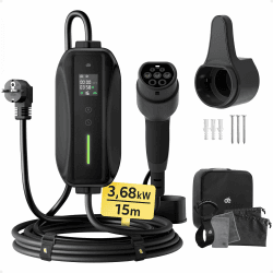 dé Typ 2 Ladekabel Schuko 3,68kW[1-phasig, 15m, 6-16A], EV Chargers mit Steuerbarer Digitalanzeige für Elektroauto, EV Ladegerät für 3008/508, C5X, DS7, GLA, Q3, X3, ZOE, ID.4 und Anderen PHEV/EV 15m 3.68kW