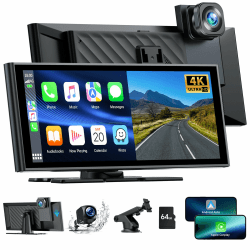 Autoradio für Apple Carplay Android Auto mit Dashcam Vorne Hinten 4K+1080P, 9,26 Zoll Tragbarer Wireless Car Play Touchscreen Autoradioempfänger mit GPS/FM/Siri/Google/Bluetooth/Mirror Link/64G TF/AUX Carplay mit 4K+1080P Dashcam
