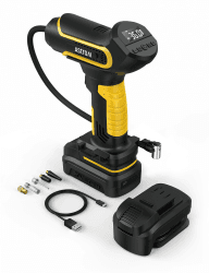 AstroAI Luftkompressor Akku Kompressor mit 20V Akku & 12V Auto-Netzteil 150PSI Tragbarer Kabelloser Reifenfüller Elektrische Luftpumpe Auto-Stopp für Autos Motorräder Fahrräder Bälle Gold(C1）