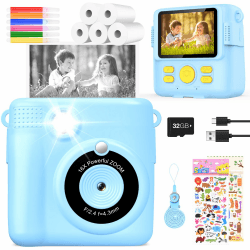 KinderKamera DigitalKamera Print Sofortbildkamera 1080P Videokamera Schwarzweiß Fotokamera (Blau)