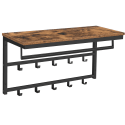 HOOBRO Wandgarderobe mit Ablage, Wandregal mit 10 Haken und Stangen, Wandmontiertes Hängeregal, 80 x 30 x 42 cm, für Flur, Wohnzimmer, Schlafzimmer, Badezimmer, Industriestil EBF12YM01 Dunkelbraun + Schwarz 80 x 30 x 42 cm