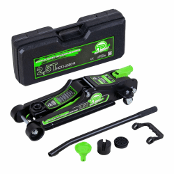 Wagenheber hydraulisch 2,5 Tonnen Flache Ausführung 80mm – 360mm Low Profile Ink. Koffer + SUV- Adapter + 2X Gummiauflage Hydraulischer KFZ- Rangierwagenheber 360° Rollen (Grün)
