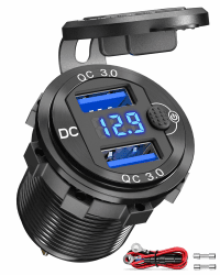 Quick Charge 3.0 USB Steckdose 12V Auto mit Schalter, KFZ Ladegerät USB Einbau Buchse 24V Wasserdicht Zigarettenanzünder Dose mit Blau LED Voltmeter Spannungsanzeige für Motorrad Boot LKW Wohnwagen