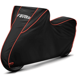 Favoto Verbesserte Version Wasserdicht Motorradabdeckung Motorrad Abdeckplane Motorradgarage Roller Abdeckung XXL Outdoor Schwarz Rot 300D mit Langen Reflektionsstreifen Klickverschlüssen Gummizug Schwarz-Rot XXL