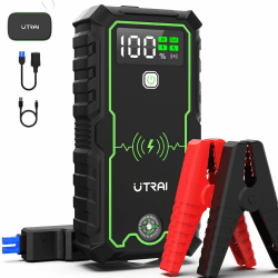 UTRAI Starthilfe Powerbank,3600A Spitzenstrom,27000mAh Auto Batterie Booster,Tragbare Starthilfe mit 10W Kabelloses Ladegerät,4-LED-Taschenlampen(alle Gas/8,5L Diesel) Grün