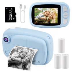 GlobalCrown Sofortbildkamera Kinder,Digitalkamera kinderkamera fotoapparat Kamera Geschenke für 3-12 Jahre Jungen Mädchen (einschließlich 4 Rollen Druckpapier und 32GB Karte) Blau