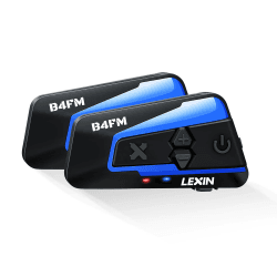 LEXIN B4FM Motorrad Bluetooth Headset, Helm Intercom, Kommunikationssystem für bis zu 10 Motorräder mit 2000m Reichweite, Motorradhelm Gegensprechanlage mit Musikteilen Funktion Doppelpack schwarz und blau-B4FM Doppelpack