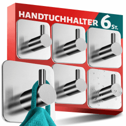 Menz Handtuchhalter ohne Bohren 6er SET - Handtuchhaken Bad Edelstahl, klassisch-funktionale Haken selbstklebend - Starke Klebehaken als stilvolle Wandhaken Silber