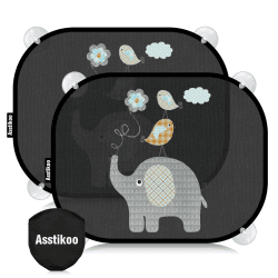 Asstikoo Auto Sonnenschutz Baby mit UV Schutz, 45x35.5cm Sonnenblende mit 8 Saugnäpfen, Autofenster Sonnenschutz für Kinder mit süßen Tier Motiven-2er Set Schwarz