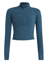 IECCP T-Shirt Damen Gym Top Sport Oberteil Yoga Langarm Crop Top Sportshirt Leicht Fitness Oberteil mit Halbem Reißverschluss und Daumenloch L Blau