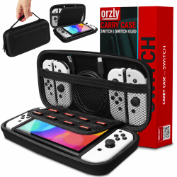 Orzly Tragetasche Kompatibel mit Nintendo Switch und New Switch OLED-Konsole - Schwarze schützende Hülle, Harte tragbare Reisetasche mit Taschen für Zubehör und Spiele
