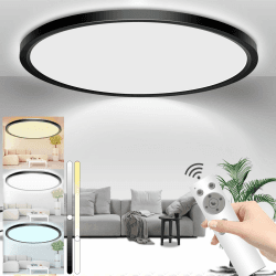 Fwiull LED Deckenleuchte Flach 24W Dimmbar, 3200lm Led Deckenlampe mit Fernbedienung, 3000-6500K Ultra Dünn Wasserfest Decke Lampe für Wohnzimmer Küche Schlafzimmer Badezimmer, Schwarz Ø29.5cm