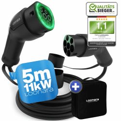 loonara Typ 2 Ladekabel 11kW 5m mit Tasche für E Hybrid - & E-Auto mit Typ 2 Ladekabel Stecker - Mode 3 Ladekabel Elektroauto Typ 2-16A ladekabel typ 2 kompatibel mit jedem Elektroauto schwarz 11kW - 5m