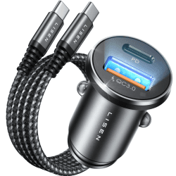 LISEN Zigarettenanzünder USB C, 54W mit 60W USB C Kabel PD&QC3.0 12V USB Adapter Auto Ladegerät KFZ Ladegerät USB C Metall USB Zigarettenanzünder Adapter für iPhone 15 Pro Samsun Pixel Android iPad