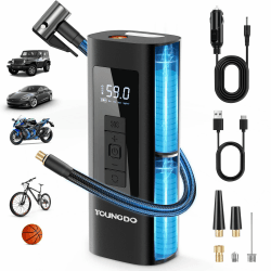 YOUNGDO Elektrische Luftpumpe 150PSI, Akku Kompressor Tragbar, Elektrische Fahrradpumpe 6000mAh, mit für Auto, Fahrrad, Motorrad, Bälle, über USB-C wiederaufladbar, Als Taschenlampe und Powerbank Schwarz