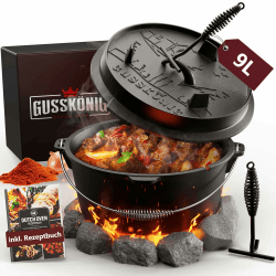 GUSSKÖNIG Dutch Oven Set [9L] - Eingebrannter Feuertopf mit praktischem Deckelheber und Füßen Topf mit Fuß 9 Liter