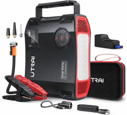 UTRAI Starthilfe Powerbank,5 IN 1 5000A 150PSI Autoluftpumpe Powerbank 27000mAh Tragbare Starthilfe mit intelligentem Kabel, USB-C Kabel, LED Taschenlampe,QC 3.0 Schwarz - Dunkelrot