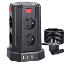 Steckdosenleiste mit 4 USB, Sameriver 8 Fach Mehrfachsteckdose Überspannungsschutz, Steckdosenleiste Steckdose mit Schalter, 3M Verlängerungskabel,Steckdosenturm Mehrfachstecker für Zuhause,Büro 3M Schwarz