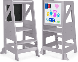 Dripex Lernturm für Kinder, Lernturm Höhenverstellbar Kippschutz, Montessori Holz Lernturm mit Doppelseitige Tafel Für Kinder Baby, ideales Montessori Küchenhelfer ab 1 Jahr (Grau-Klassisch)