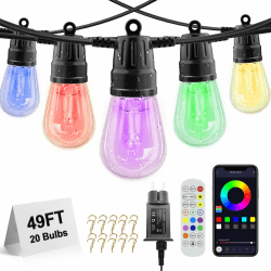 Voneta Außen-Lichterkette, 15m RGB Terrassenlichter mit Fernbedienung und App, S14 dimmbare LED Hängelichter farbwechselnde, wasserdichte IP65-Außenlichter für Garten, Hof, Veranda Mehrfarbig