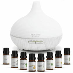 ASAKUKI Aroma Diffuser, 300ml Ultraschall Luftbefeuchter mit 8 * 10ml Ätherische Öle Set, Diffuser, 14-Farben-LED, 23dB Cool Mist Raumbefeuchter, Yoga, SPA, Zuhause-Weiß Weiß mit Öle Set