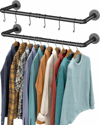 OROPY Industrieller Stil Rohr-Kleidergestell 2er Set, an der Wand befestigte abnehmbare Retro- Metallkleiderstangen-hängende Schiene (Zwei Basen) 2-Packung Schwarz