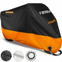 Favoto Verbesserte Version Wasserdicht Motorradabdeckung Motorrad Abdeckplane Outdoor Motorradgarage Motorroller Abdeckung Winddicht XXL mit 2 Gürtelschnalle Schwarz-Orange 245cmx105cmx125cm 245x105x125cm Schwarz-Orange