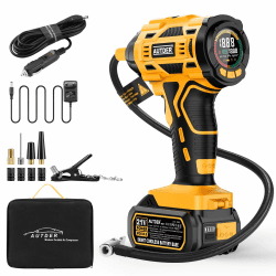 AUTDER Elektrische Luftpumpe 180 PSI, Kabelloser Luftkompressor für Auto, Motorrad und Fahrrad, Tragbare Reifenfüller mit 21V Akku und Auto-Netzteil, Gelb