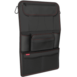 ATHLON TOOLS Der stabilste Autositz-Organizer - Verstärkte Rückwand - Lebensmittelecht - mit integriertem Tablet-Halter - mit Extra Federtasche - für Business und Kinder - Designed in Hamburg Schwarz / Rote Ziernähte