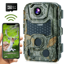 Crenova Wildkamera 4K 32MP mit 32GB microSD 940nm IR LEDs Bluetooth Bewegungsmelder Nachtsicht Spielkamera Wildtierkamera IP66 Wildbeobachtung Waldkamera Kabellose Übertragung Grün