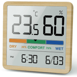 NOKLEAD Hygrometer Innenthermometer - Digitalanzeige mit Temperaturüberwachungssensor, kleines genaues Feuchtigkeitsmesser mit Uhr für Babyzimmer Küche Gewächshaus (Wood Grain)
