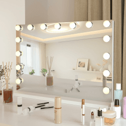 YU YUSING Hollywood Schminkspiegel mit Beleuchtung, 15 LED Licht Dimmbar Kosmetikspiegel 3 Modi, Vanity Spiegel Badspiegel Tischspiegel Wandspiegel mit 10X Vergrößerung für Schlafzimmer Schminktisch 58x45 Cm,15 Lampen, Weiß