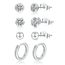 LOUMILEO Ohrstecker Silber 925 4 Paar Silber Ohrringe Damen Hypoallergen Cubic Zirkonia Ohrstecker Set ohrringe Silber 925 Stecker für mehrere Piercings 4mm*3+10mm 2Silber