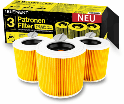 3 Filter für Kärcher Staubsauger [WD3, WD2, WD1, MV3, MV2, A, K, KNT, NT, SE, VC] – 3 Rundfilter + 3 Verschluss-Schrauben für Allergiker gegen Feinstaub/Gerüche [WD 3 2 1 MV] von 1ELEMENT 3x WD3 Filter