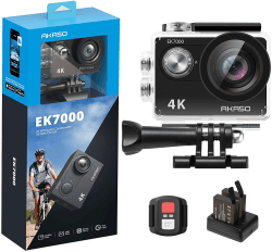 AKASO Action Cam,4K30FPS 20MP WiFi Unterwasserkamera 170°Ultra Weitwinkel Full HD Action Kamera mit 2 Zoll LCD Bildschirm 2.4G Fernbedienung und 2x1050mAh Akkus-EK7000 Schwarz A.Schwarz