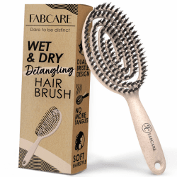 FABCARE Bio Haarbürste Wildschweinborsten Rund inkl. Ebook - Detangler-Bürste mit Doppelspiralfeder - Haarbürste ohne Ziepen - Profi Entwirrbürste für jeden Haartyp - Haarbürste Damen (Natur)