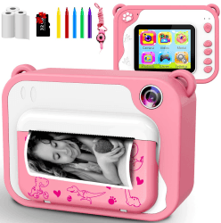 KinderKamera,DigitalKamera Sofortbildkamera Print 1080P 2.4 Zoll Bildschirm Videokamera Schwarzweiß Fotokamera mit 32GB Karte 3 Rollen Druckpapier 5 Farben Pinselstift Geschenk für Kinder 3-12 Jahren A-Rosa