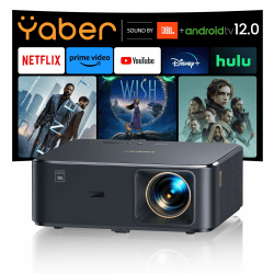 Beamer 4K mit Android TV 12.0, Sound by JBL, Dolby Audio, NFC, Autofokus, Auto Trapezkorrektur, WiFi6, Bluetooth, YABER K2s 800 ANSI 1080P Full HD Beamer Heimkino Outdoor 300" Display Video Projektor Schwarz 29x27x12.6cm