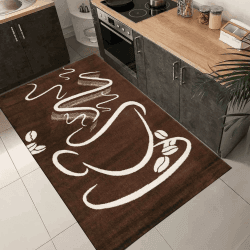 VIMODA Küchenteppich Braun Trendiger Kaffee Teppich, Cappuccino Muster Tasse Kurzflor, Maße:80x250 cm