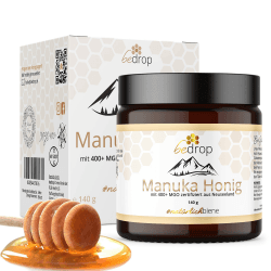 bedrop Manuka Honig mit MGO 400+ 140g XXL Glas - 100% Echter Premium Manukahonig aus Neuseeland mit zertifiziertem Methylglyoxal Gehalt (Analyse-Zertifikat) 140 g (1er Pack)