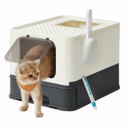 Feandrea Katzenklo, Katzentoilette, mit Deckel, ausziehbares Tablett, Schaufel, Bürste, geräumig für Katzen bis 15 kg, weniger Spuren, auslaufsicherer Boden, beige-schwarz PPT001W01 Beige + Schwarz