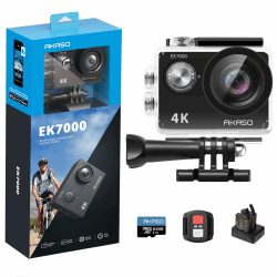 AKASO EK7000 Action Cam 4K30FPS mit 64GB microSDXC Speicherkarte Unterwasserkamera 170°Ultra Weitwinkel Full HD Sportcamera mit 2 Zoll LCD Bildschirm 2.4G Fernbedienung Schwarz+64GB