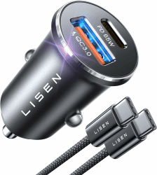 LISEN 95W Zigarettenanzünder USB C Verteiler [12v Steckdose Dualer PD65W ] Auto Ladegerät Mini Ganzmetall KFZ Ladegerät USB C Schnellladung Mit USB C Kabel, für Samsung S23 iPhone 15 Pro Max Android Black