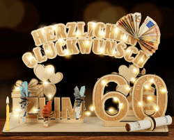 Giftota Original 60. Geburtstag Geldgeschenke Holz mit LED Lichterkette, Geschenke zum 60 Geburtstag Mann Frau, 60. Geburtstag Dekoration
