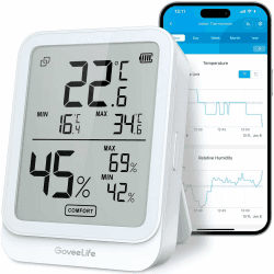 GoveeLife Digitales Thermometer Hygrometer Innen, Bluetooth LCD luftfeuchtigkeitsmesser mit Benachrichtigungsalarm, Temperaturüberwachung mit App, Datenspeicherung für Zuhause Gewächshaus Weinkeller Weiß 1 Pack