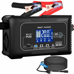 HTRC 20A Ladegerät Autobatterie, 12V/24V Batterieladegerät, Erhaltungsladegerät und Desulfator für Auto, Motorrad, Rasenmäher, Boot, Lithium, LIFEPO4 und Blei-Säure(AGM, Gel, MF, EFB, SLA, VRLA, Wet)